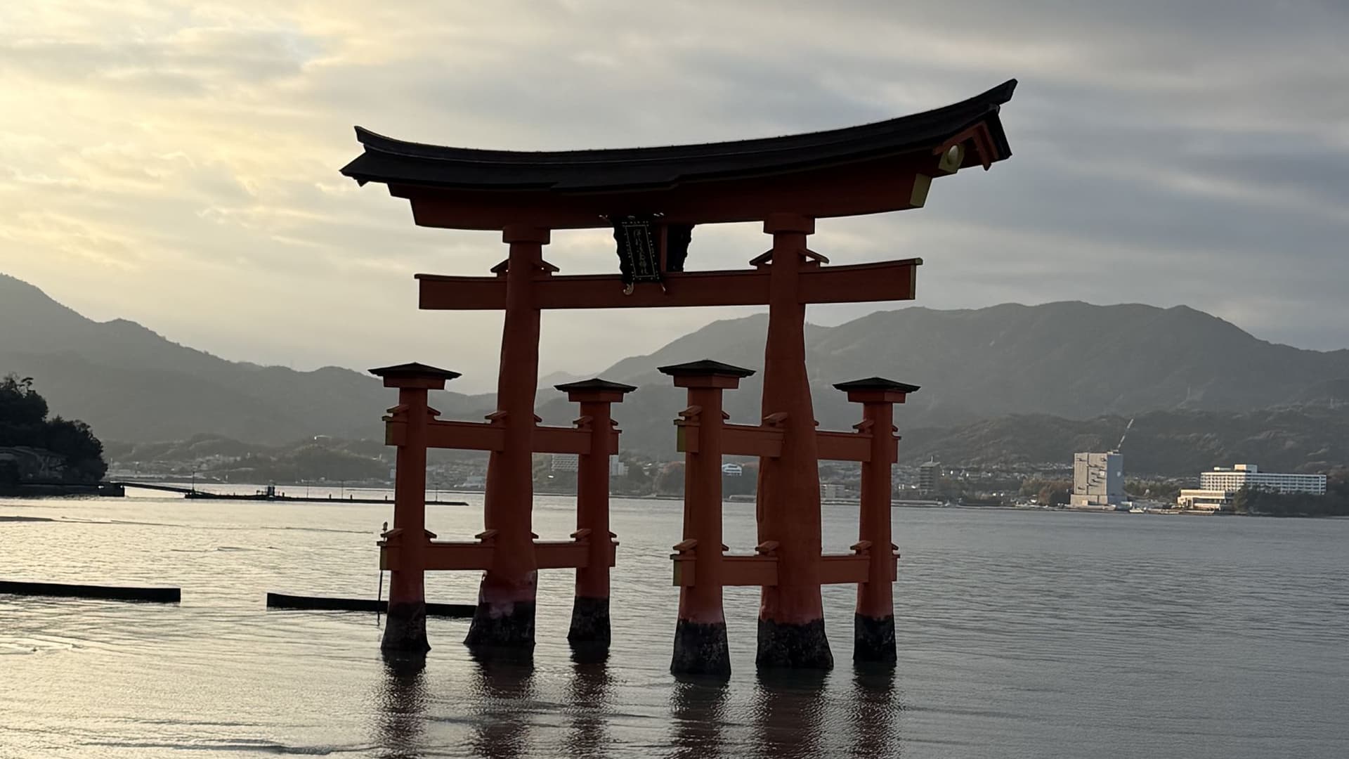 The Itsukushima floating torii gate at dawn, Miyajima, Japan