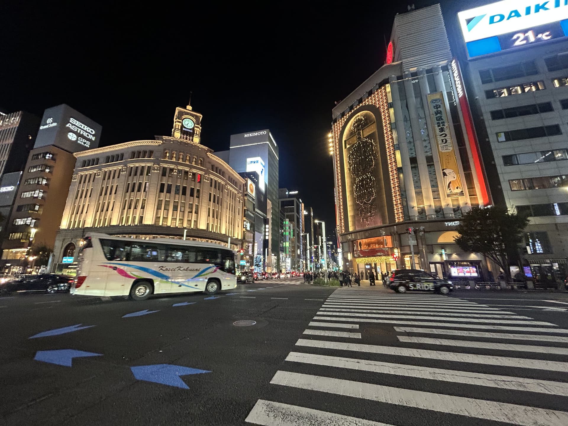 The Ginza shopping district in Tokyo at night